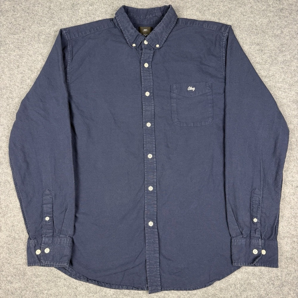 OBEY Worldwide Mens XL Navy Blue Long Sleeve Button Down Embroidered Shirt